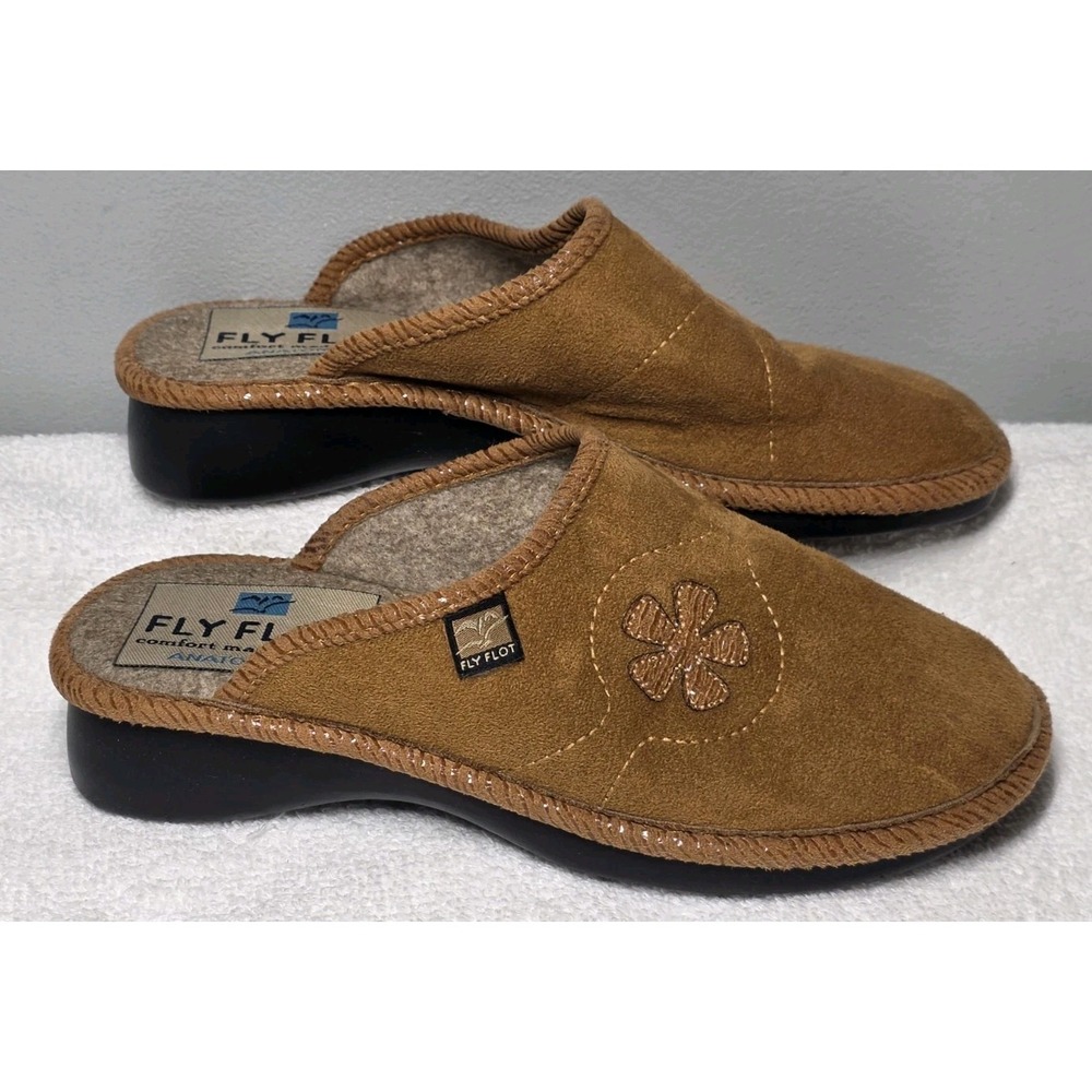 Women's Fly Flot Light brown suede Slip-On Clogs embroidered Mule size 37 6.5 US